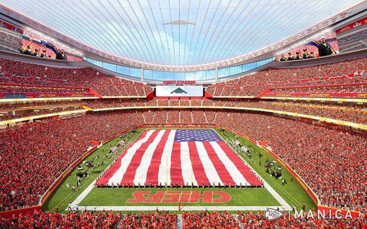 Það var mikið reynt að herma eftir ákveðnum hlutum á Arrowhead-leikvanginum þar sem Kansas City Chiefs spilar í dag. Þarna má sjá að þakið á nýja leikvanginum verður alveg gegnsætt.