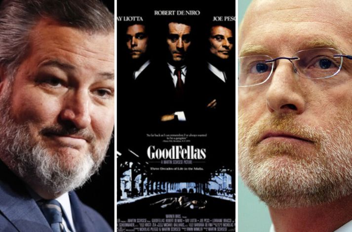 Ted Cruz er til vinstri og Brendan Carr til hægri. Á milli þeirra er auglýsing fyrir kvikmyndina Goodfellas.