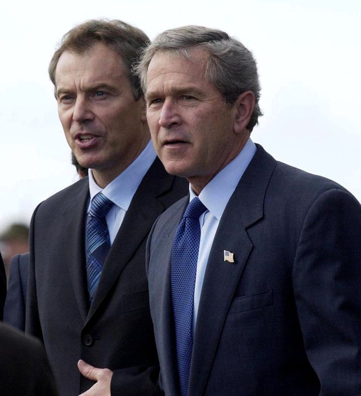 Tony Blair, forsætisráðherra Bretlands, og George W. Bush Bandaríkjaforseti hittust stuttu fyrir innrásina í Írak til að ræða undirbúninginn. Fréttablaðið/EPA