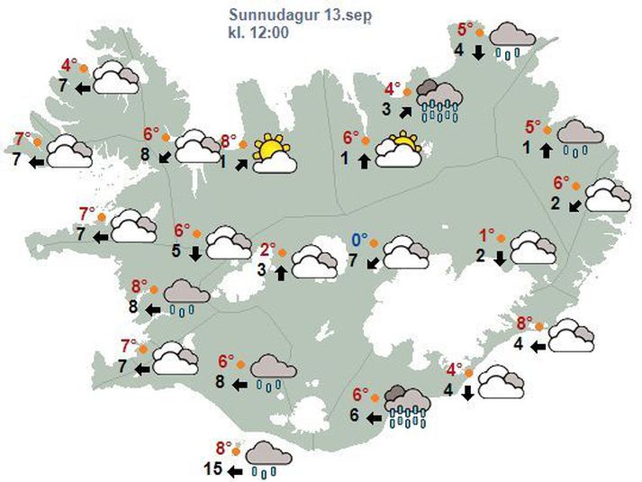 Veðurkort fyrir hádegið í dag.