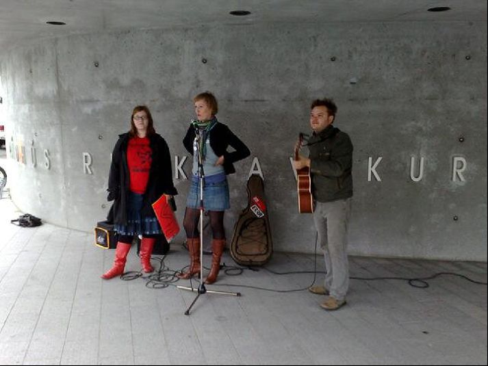 Anna Pála Sverrisdóttir, formaður Ungra jafnaðarmanna, ávarpar mótmælendur við Ráðhúsið í morgun.