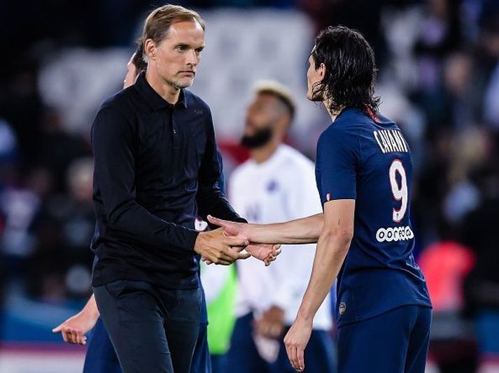 Cavani og Tuchel eftir leik hjá PSG á síðustu leiktíð.