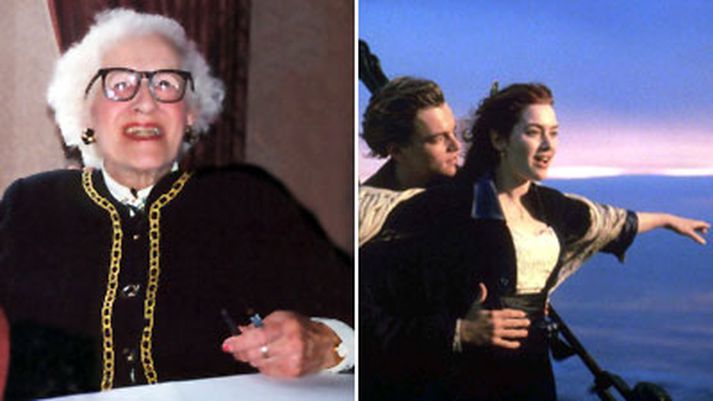 Milvina Davis og Leonardo di Caprio og Kate Winslet í Titanic.