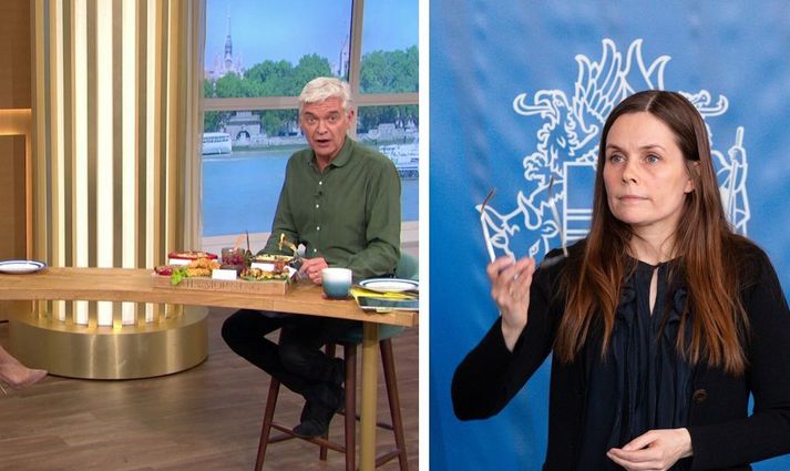 Phillip Schofield, til vinstri, virtist hafa húmor fyrir tímaruglingnum hjá Katrínu Jakobsdóttur og samstarfsmönnum hennar.