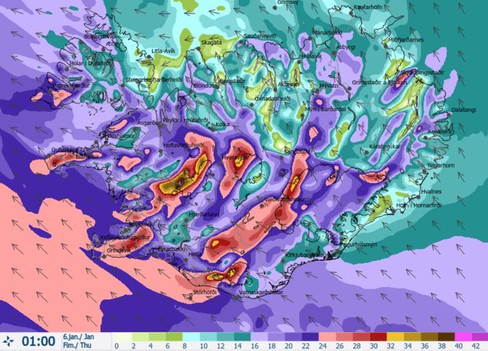 Veðurstofan spáir miklu hvassviðri í kvöld og í nótt. Svona er vindaspáin fyrir klukkan 1 næstu nótt.