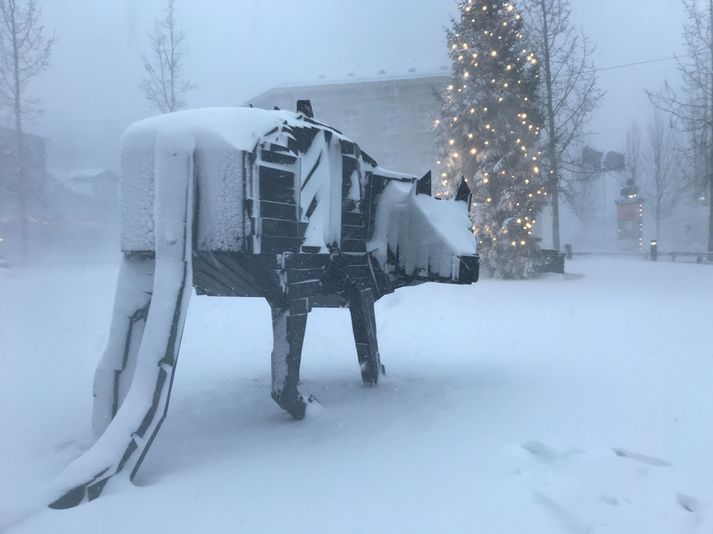 Jólakötturinn á Ráðhústorginu er í vetrarbúningi.