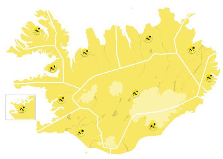 Viðvörun gildir fyrir landið allt milli klukkan 5 á fimmtudagsmorgni til 18 um kvöld.
