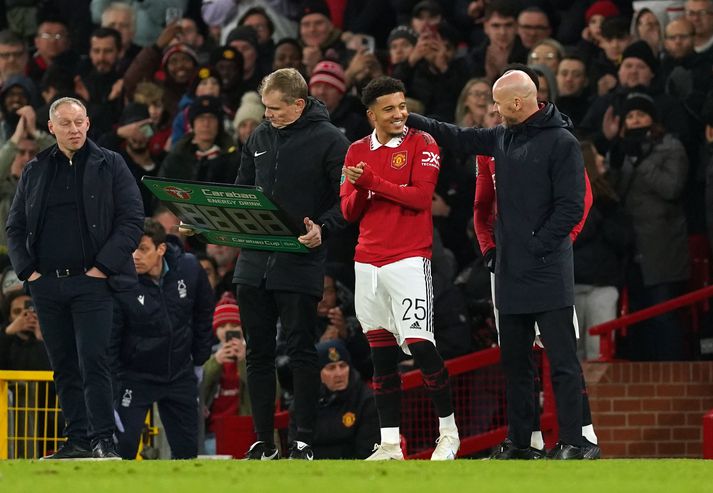 Jadon Sancho og Erik ten Hag þegar sambandið milli þeirra var öllu betra en nú.