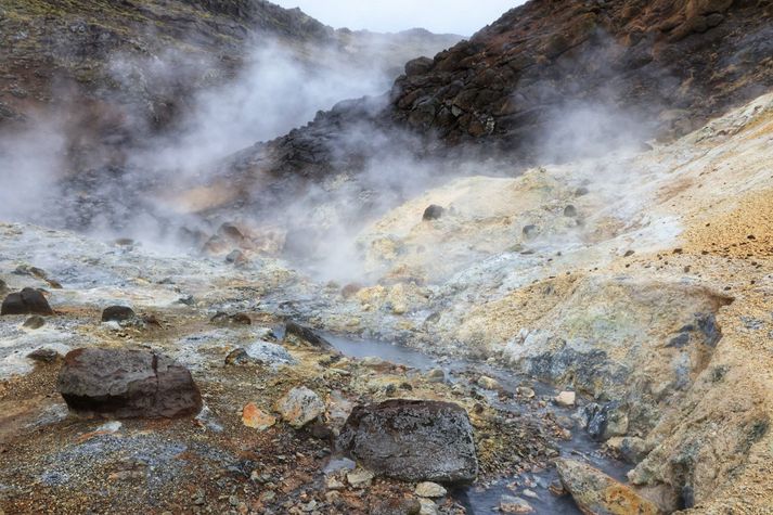 Myndin er tekin á Reykjanesi í gær, skammt frá upptökum stóra skjálftans á þriðjudag.