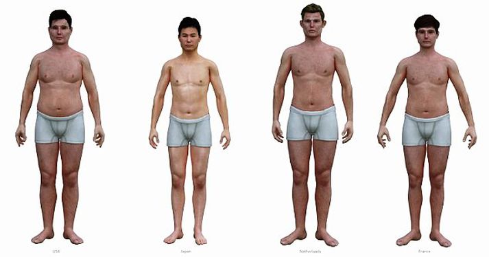 Til þess að sýna meðal BMI stuðul í hverju landi útbjó Nickolay tölvuframleiddar fígúrur sem hann raðaði upp hlið við hlið og sjást hér á mynd.