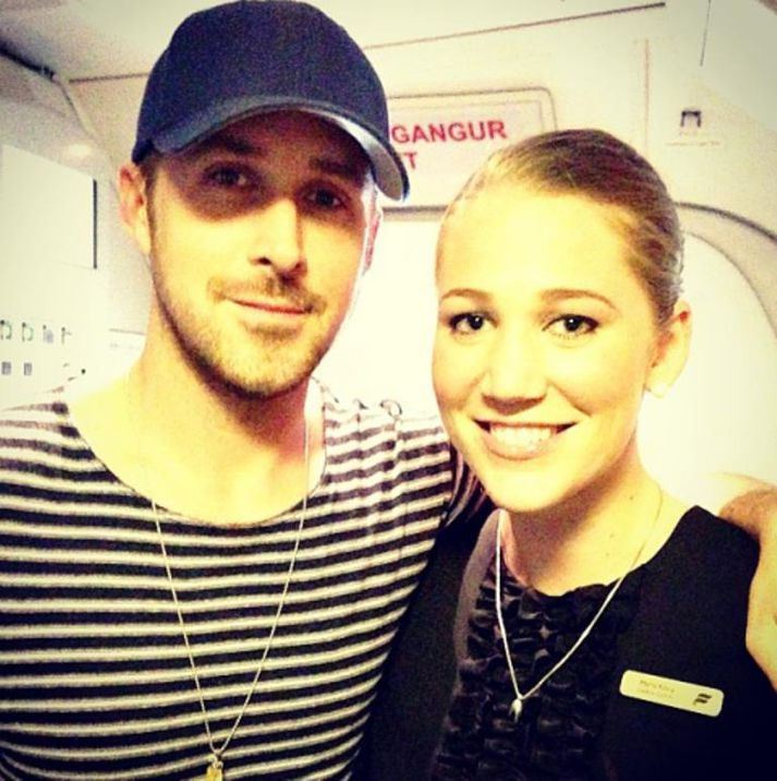 Ryan Gosling og María Klara Jónsdóttir á leið til Íslands í morgun.