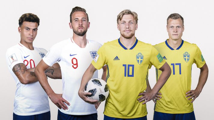 Englendingarnir Dele Alli og Harry Kane ásamt Svíunum Emil Forsberg og Viktor Claesson.