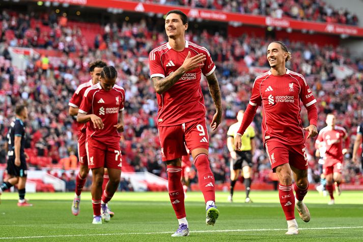 Darwin Nunez fagnar marki fyrir Liverpool á móti Athletic Club Bilbao í æfingarleik á Anfield um helgina en þetta er væntanlega síðasta mark hans fyrir félagið.