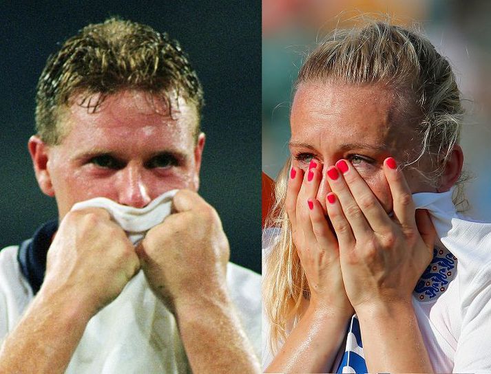 Laura Bassett grét eftir að England féll úr leik á HM kvenna, rétt eins og Paul Gascoigne gerði í undanúrslitaleik Englands og Þýskalands í undanúrslitum HM á Ítalíu árið 1990.