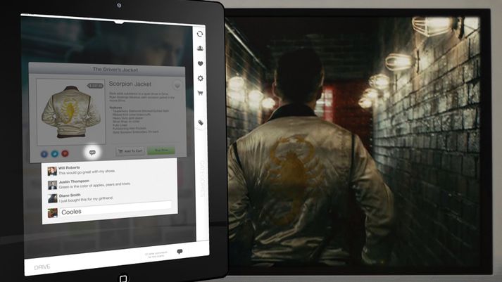 Skjáskot úr kvikmyndinni Drive með Ryan Gosling. Forritið sýnir hvaða jakka leikarinn klæðist.