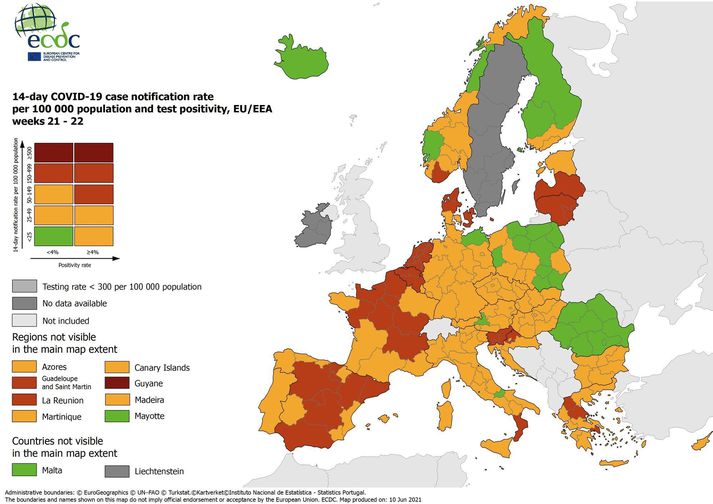 Ísland, Rúmenía og Malta eru einu grænmerktu löndin í Evrópu.