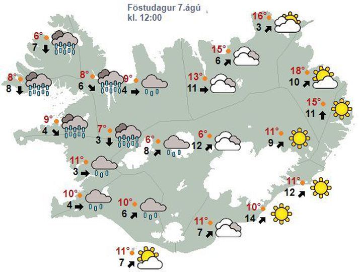 Veðurhorfur á landinu á hádegi í dag.