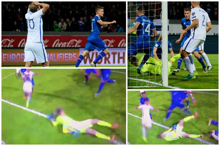 Alfreð Finnbogason fagnar marki sínu en nýtt myndband sýnir að boltinn fór ekki yfir línuna fyrr en Alfreð potaði boltanum úr höndum markvarðarins.
