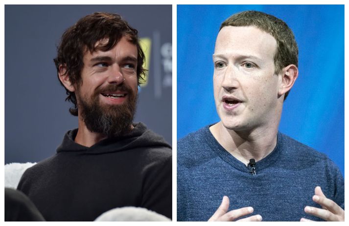 Jack Dorsey (t.v.) og Mark Zuckerberg (t.h.) stýra tveimur af vinsælustu samfélagsmiðlum heims.