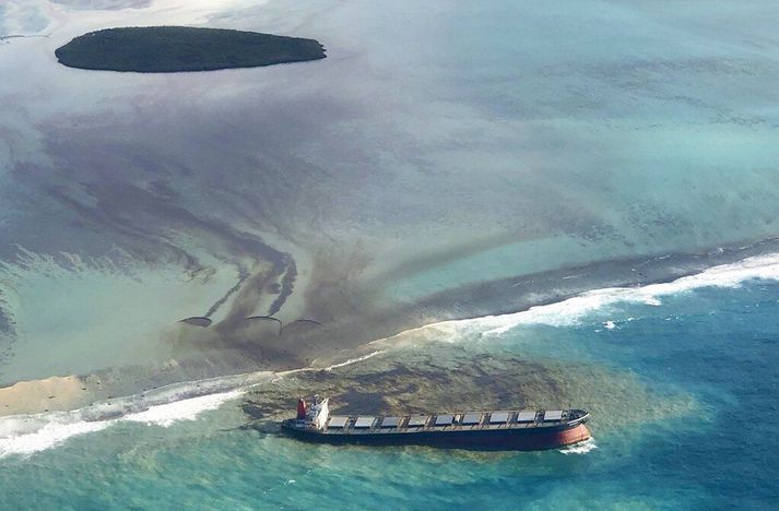 Skipið, MV Wakashio, strandaði á kóralrifi í Indlandshafi þann 25. júlí síðastliðinn og síðan hafa mörg tonn af olíu lekið úr skipinu.