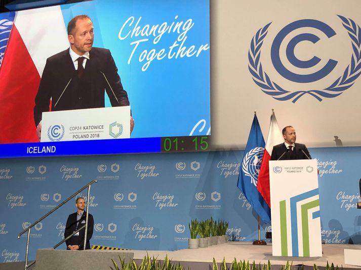 Guðmundur Ingi umhverfisráðherra í pontu á COP24-loftslagsráðstefnunni í Katowice í Póllandi í dag.