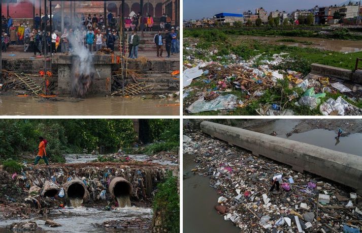 Bagmati áin er sú mengaðasta í Nepal en hún er sömuleiðis álitin heilög. Gíurlega mikið rusl og skólp er í ánni.