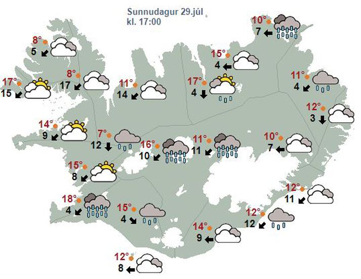 Kortið sýnir spána fyrir landið klukkan fimm í dag.