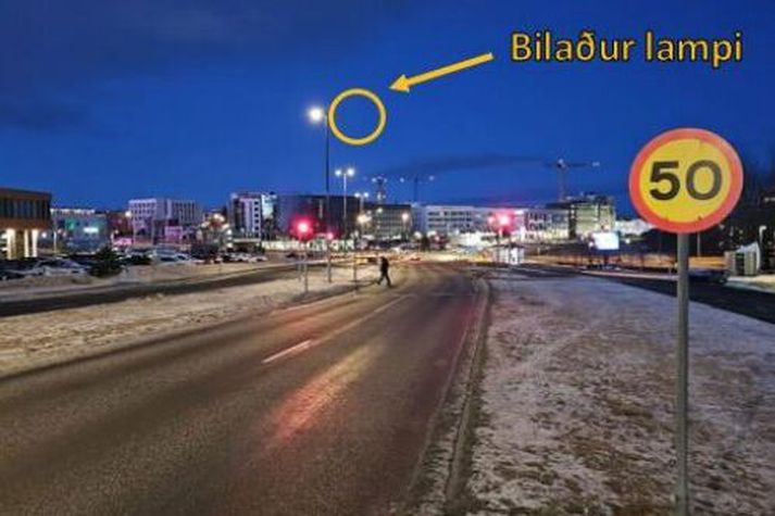 Myndin er tekin í akstursátt Kia bifreiðarinnar við sambærileg birtuskilyrði og þegar slysið varð. Gangandi vegfarandi sést á leið yfir gangbrautina. Lampi í götulýsingu við gangbrautina er bilaður en tveir lampar eiga að vera á hverjum ljósastaur á götulýsingunni.