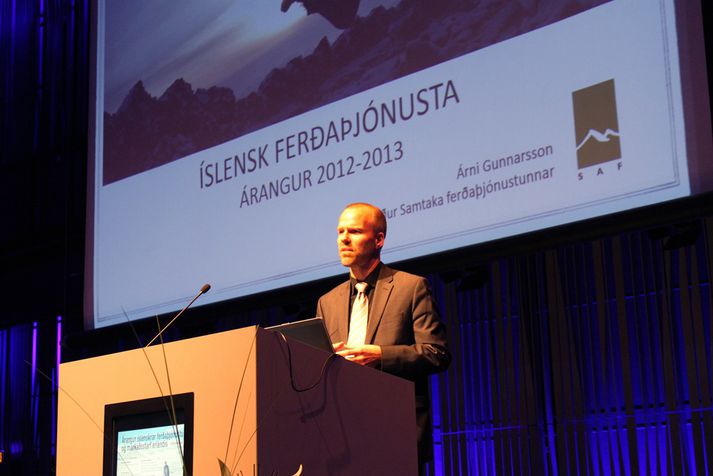 Árni Gunnarsson, formaður Samtaka ferðaþjónustunnar á fundi í Hörpu í dag þar sem vetrarherferðin Ísland – allt árið var kynnt.