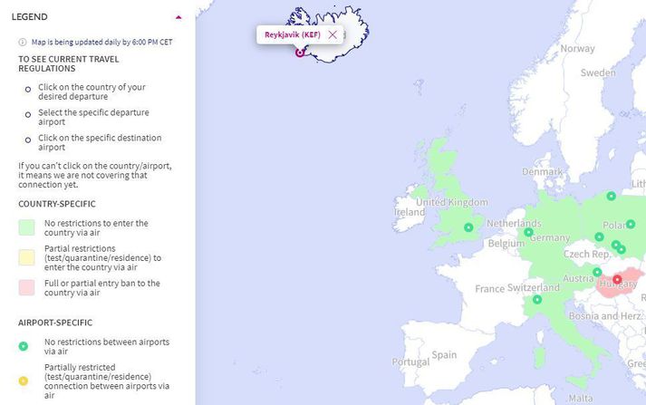 Svona lítur kortið út. Þarna hefur notandi valið Ísland sem upphafsstað og þá birtast mögulegir áfangastaðir í ólíkum litum. Skýringar eru til vinstri á síðunni.