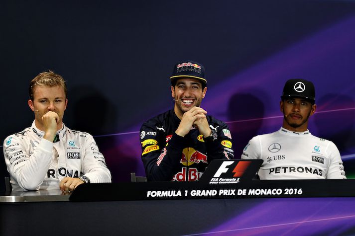 Þrír hröðustu menn dagsins: fh. Rosberg, Ricciardo og Hamilton.