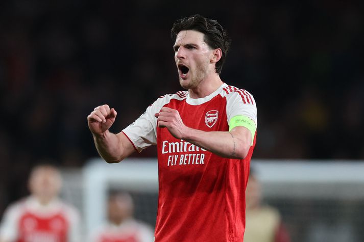 Declan Rice fagnar hér sæti í undanúrslitum Meistaradeildarinnar eftir markalaust jafntefli við Sporting í kvöld.