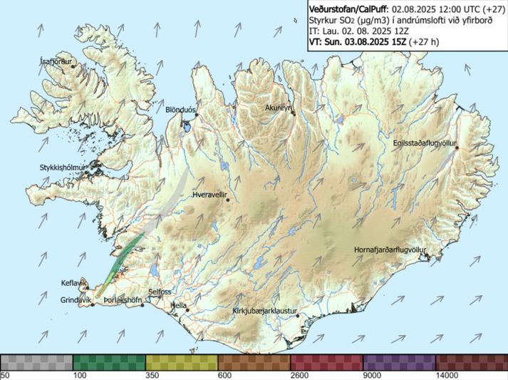 Gasmegnunarspá Veðurstofunnar klukkan þrjú í dag.