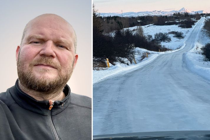 Róbert segir enga stjórn hægt að hafa á bílum þegar ekið er niður brekkuna í hálku eins og þeirra sem sést á myndinni.