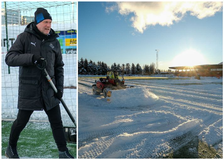 Þorvaldur Örlygsson, formaður KSÍ, var einn af þeim sem tók skóflu í hönd og mokaði völlinn í morgun.