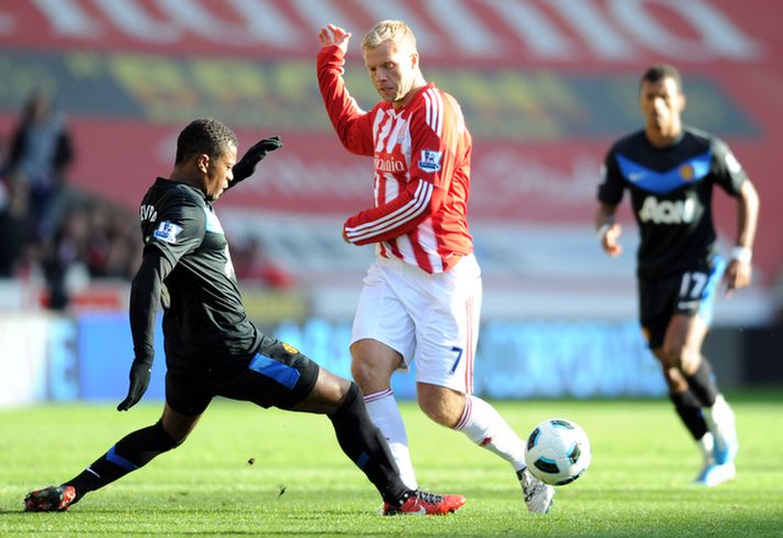 Eiður Smári kom við sögu í fyrri leik Stoke og United á tímabilinu, þann 24. október síðastliðinn.