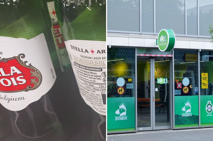 Verslun 10-11 í Leifsstöð er með vínveitingaleyfi og selur bjórinn Stella Artois. Myndin er annars vegar af Stellu-bjór í hillu verslunarinnar í Leifsstöð og af verslun 10-11 við Austurstræti, þar sem bjórinn er ekki til sölu.