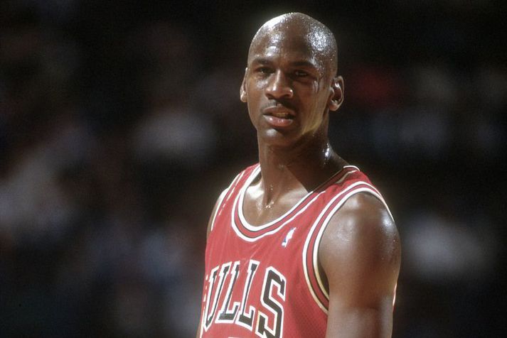 Michael Jordan í leik með Chicago Bulls í kringum þann tíma sem hann komst loksins í gegnum Detroit Pistons liðið.