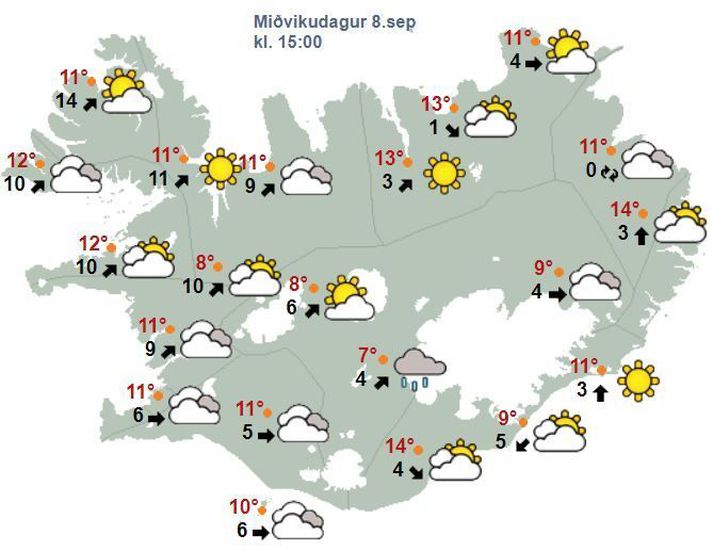 Spákort fyrir klukkan 15 í adg. Hiti á landinu í dag verður á bilin tíu til fimmtán stig að deginum.