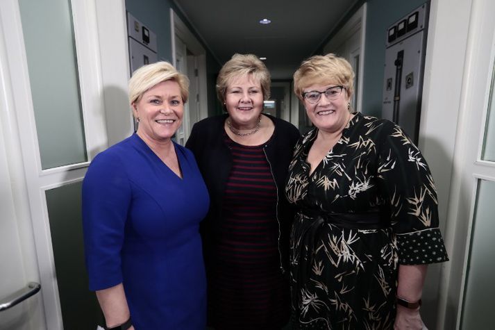 Siv Jensen, leiðtogi Framfaraflokksins, Erna Solberg, leiðtogi Hægriflokksins, og Trine Skei Grande, leiðtogi Venstre.