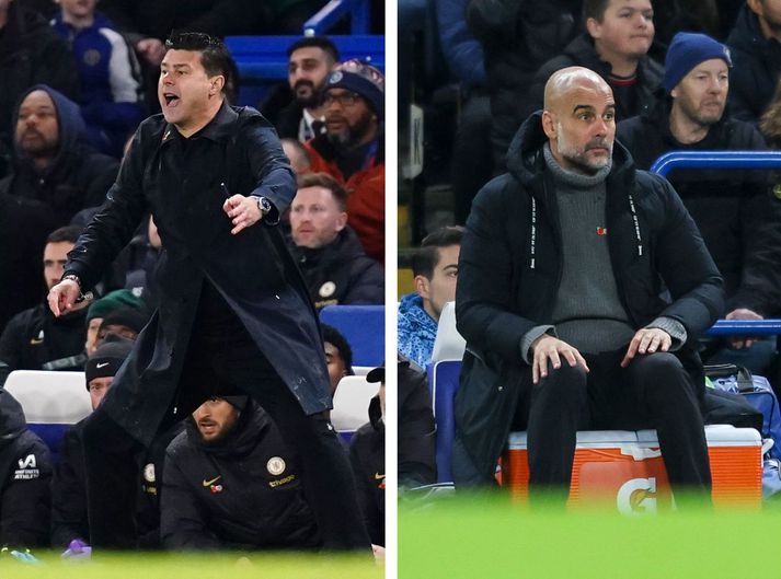 Mauricio Pochettino og Pep Guardiola eru knattspyrnustjórar Chelsea og Manchester City.