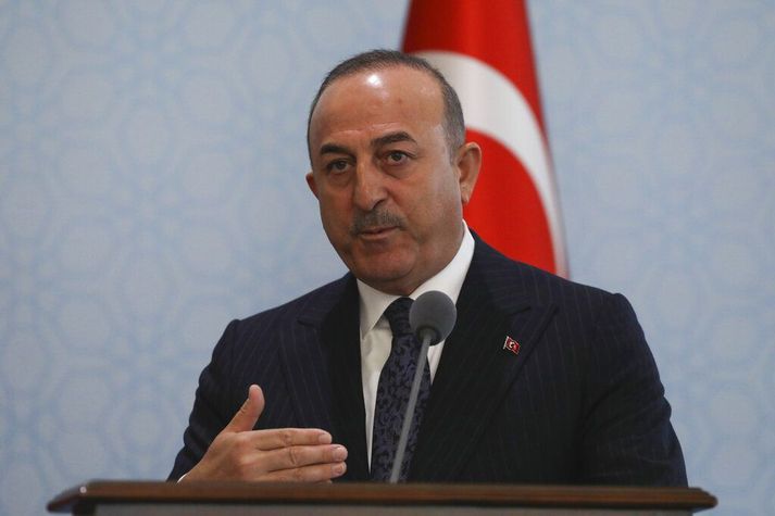 Mevlüt Cavusoglu, utanríkisráðherra Tyrklands, á blaðamannafundi í Ankara í morgun.