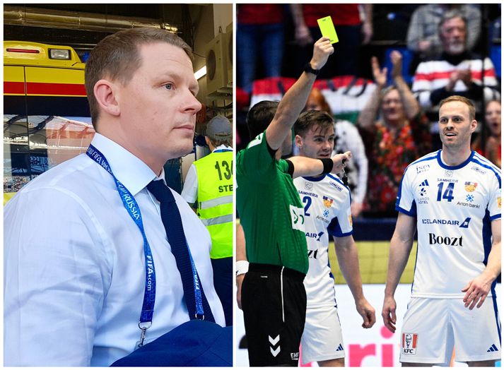 Einar Örn Jónsson gagnrýndi dómara leiksins sem gefa hér Ómari Inga Magnússyni gula spjaldið fyrir kjaftbrúk.