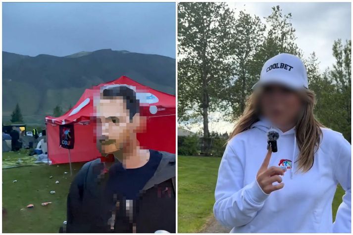 Vinstri myndin er af tjaldinu sem sett var upp í Þrastaskógi og myndin til hægri er úr auglýsingamyndbandi fyrir útileguna.