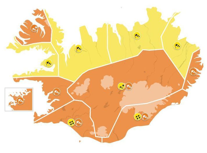 Appelsínugul viðvörun er í gildi fyrir höfuðborgarsvæðið, Suðurland, Faxaflóa, Vestfirði, Austfirði, Suðausturland og Miðhálendi. Gul viðvörun er í gildi í Breiðafirði og á Norðurlandi.