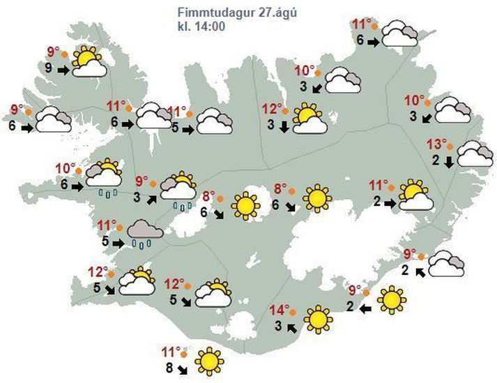 Spákort Veðurstofunnar fyrir klukkan 14, eins og það leit út í morgun.