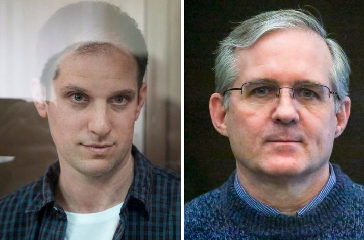 Evan Gershkovich (t.v.) og Paul Whelan (t.v.), tveir bandarískir borgarar sem Rússar hafa haldið föngnum fyrir sakir sem vestræn stjórnvöld telja uppdiktaðar.