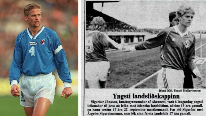 Sigurður Jónsson lék með íslenska landsliðinu frá 1983 til 1999. Hér til hægri sést hann koma inn á sem varamaður á Laugardalsvellinum í júní 1983 en þetta  er úrklippa af baksíðu Morgunblaðsins þar sem má sjá mynd Skapta Hallgrímssonar.