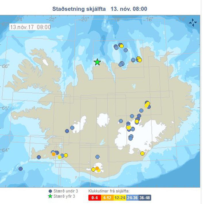 Skjálftinn er merktur með stjörnu inn á þetta jarðskjálftakort Veðurstofunnar.