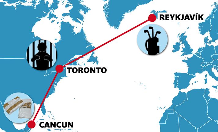 Leið kvennanna frá Reykjavík og til Cancun með millilendingu í Toronto. Þær fóru þó aðeins með golfsettin utan og flúðu heim án þeirra.